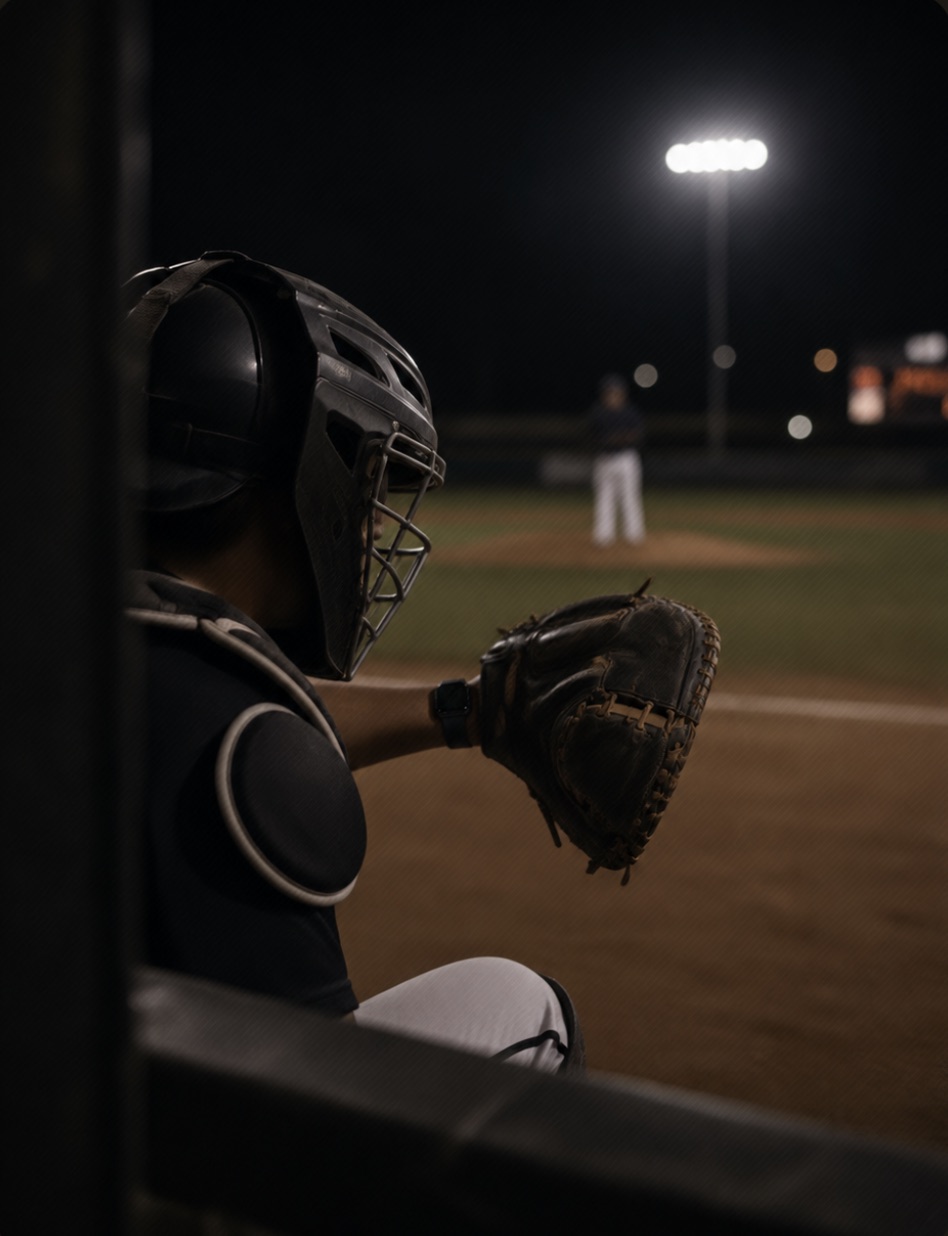 Catcher in full gear behind the plate at night, Apple Watch on wrist, pitcher on the mound under the lights