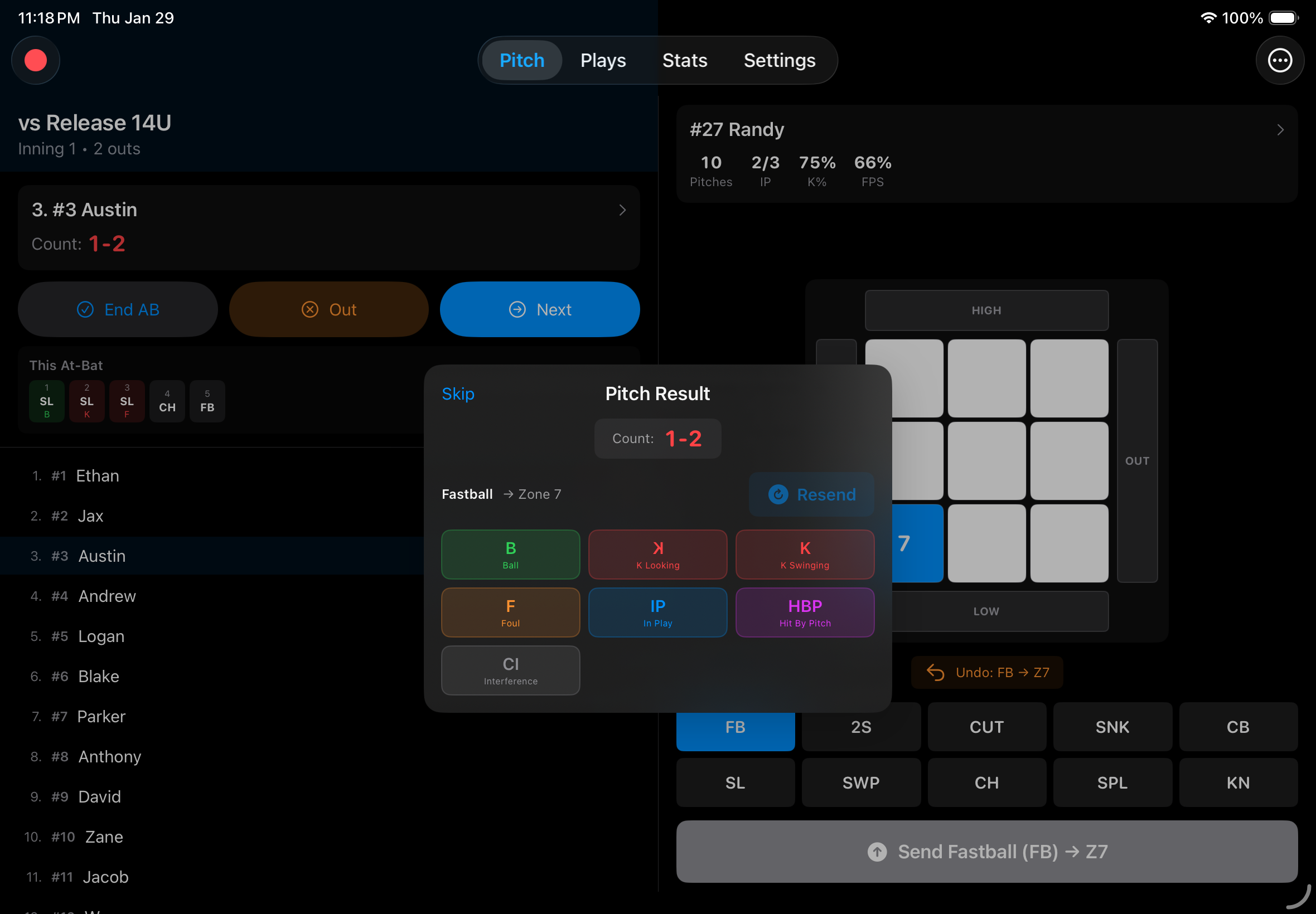 Signal Call iPad app showing pitch calling interface